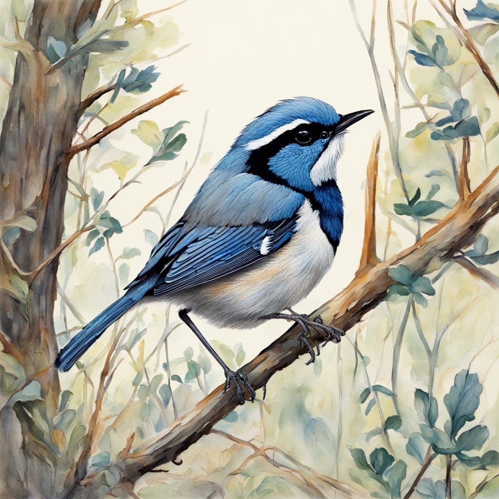 On a branch in a forest sits a blue wren