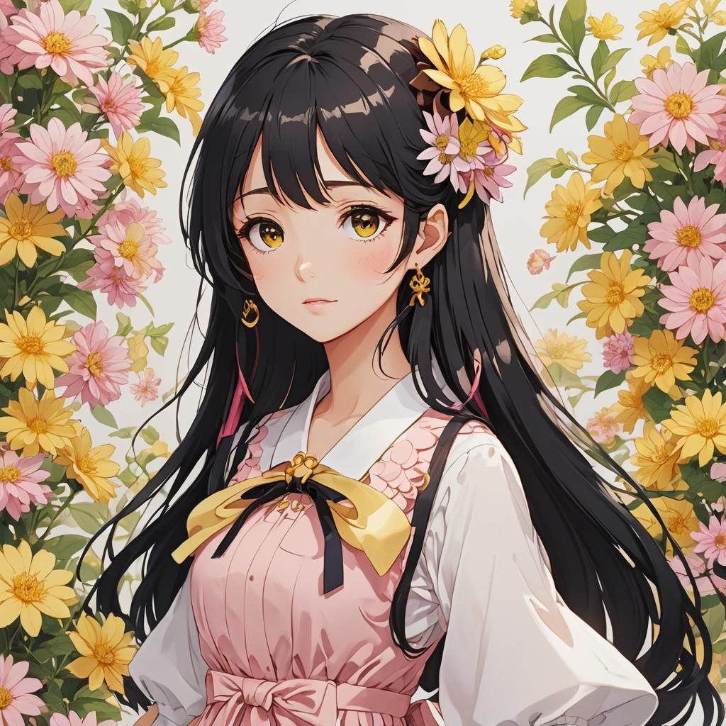 A girl with long, black-colored hair and brown eyes. She is ...