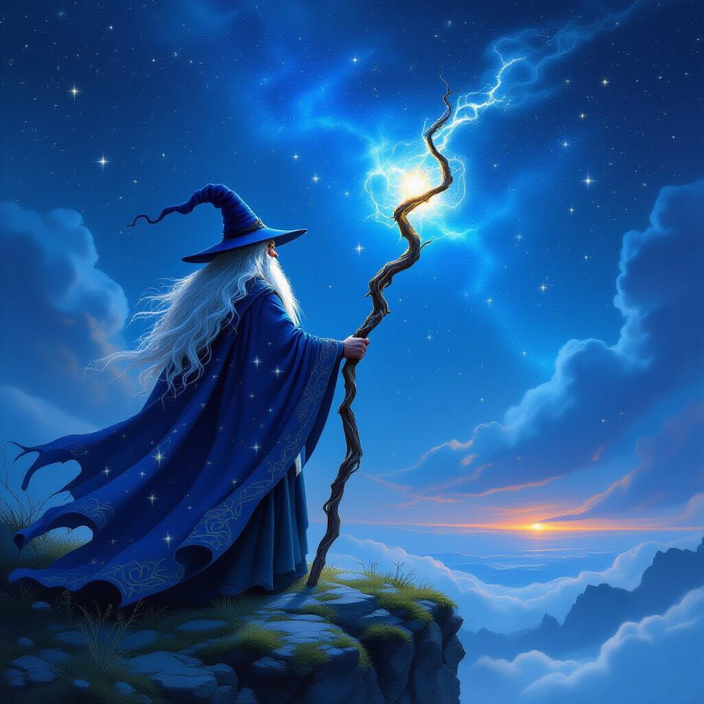 Wise Wizard on Cliff Overlooking Starry Expanse