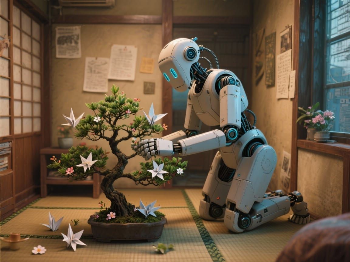  Origami AI robot tending to a bonsai tree