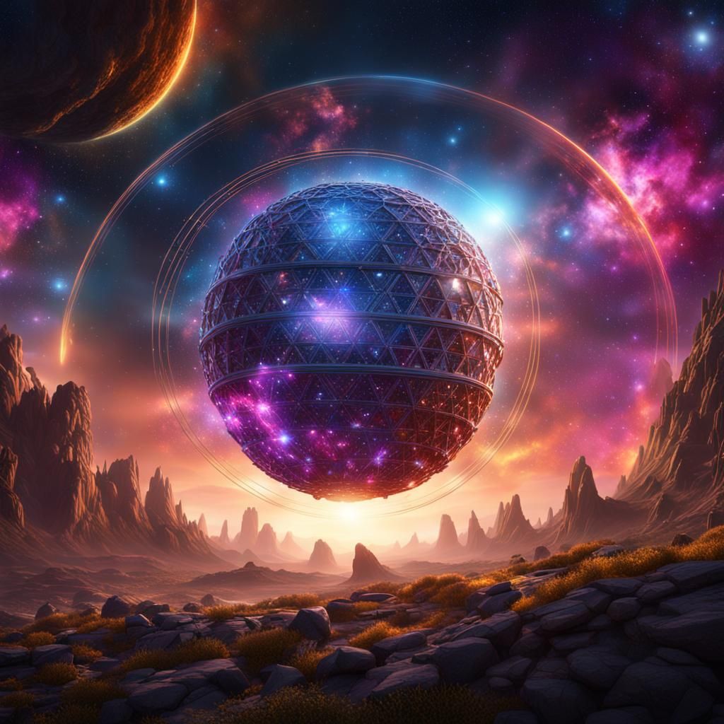 Dyson sphere encircling star in a gaseous galaxy, vibrant co...