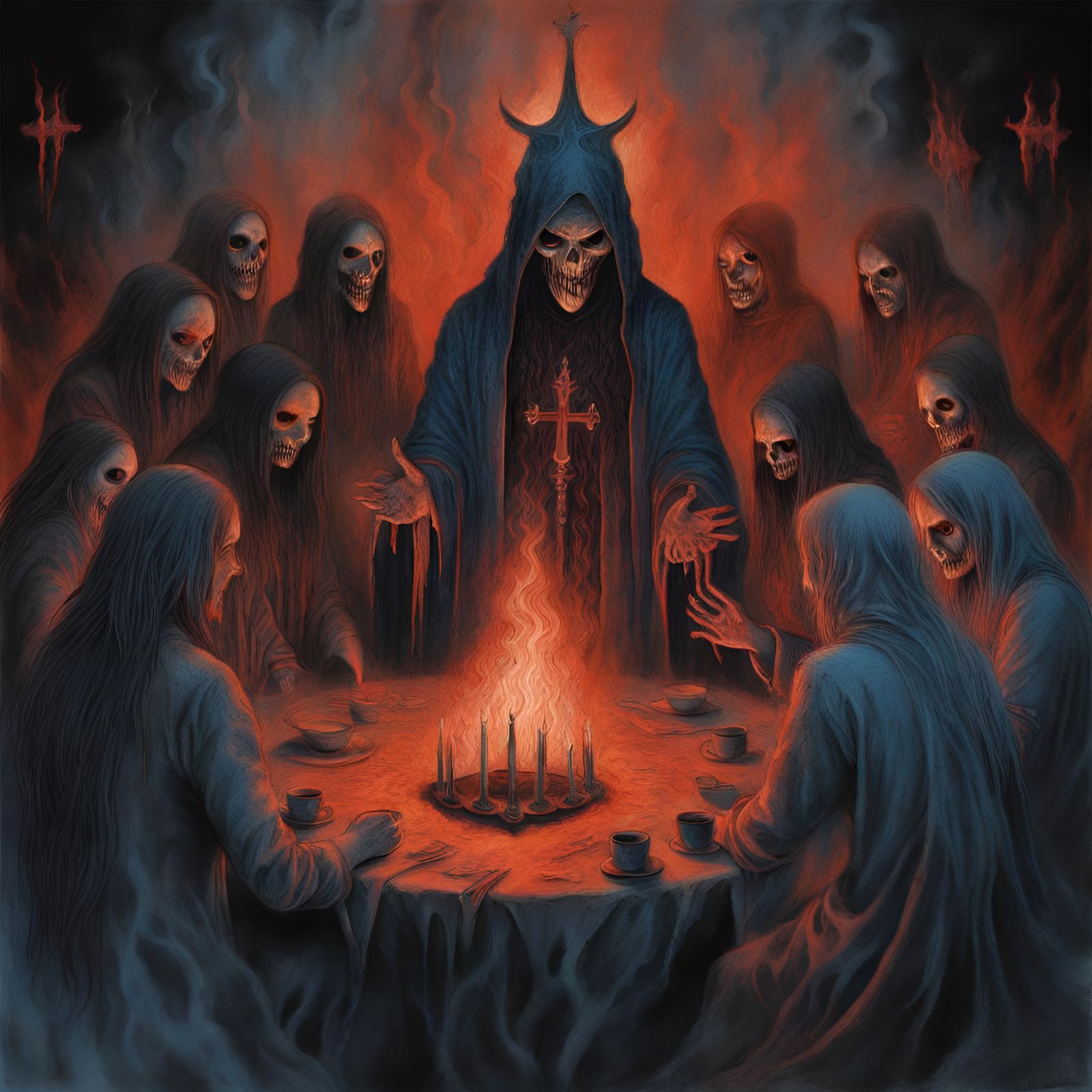 Satanist séance in Hell,cross,blue,red and black,orange mist in the ...