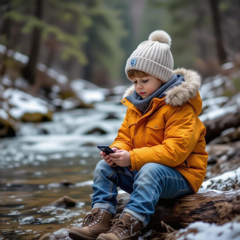 Sad Boy With Parrot on Log in Lush Forest Glade