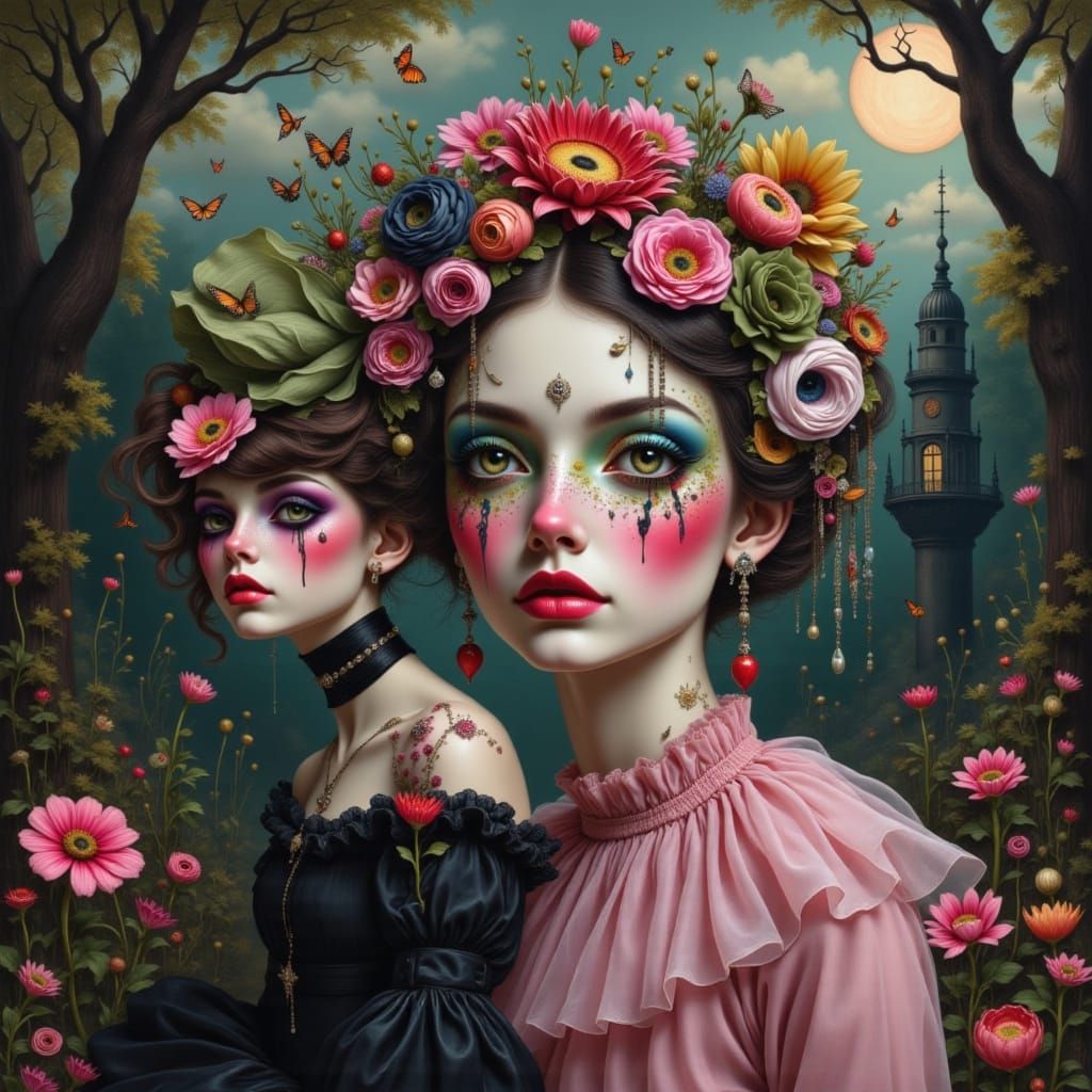 Surreal Wonderland: Pink Clown and Gothic Ballerina