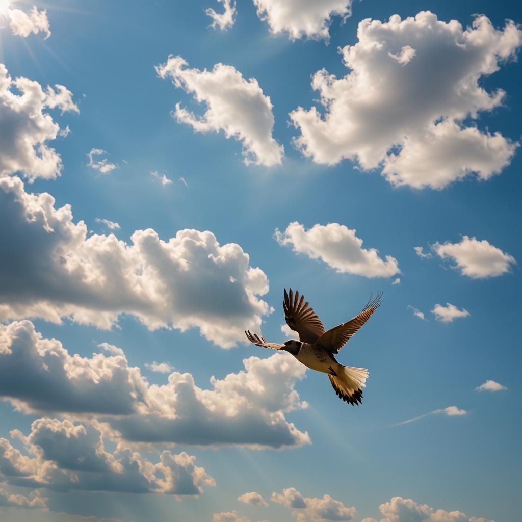 Bird Soaring in Blue Sky with Clouds