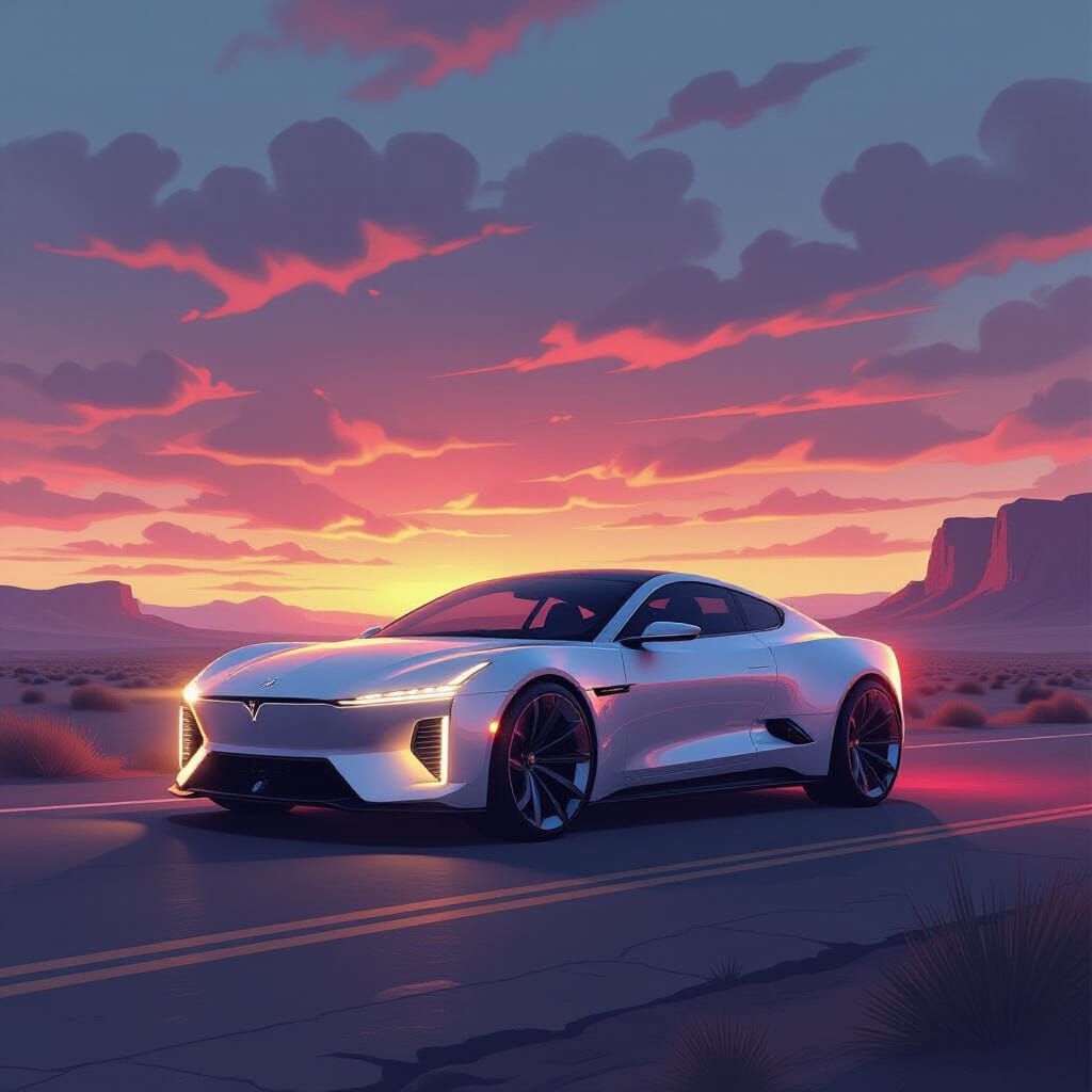 Futuristic Vehicle on Deserted Road in Digital Art Style