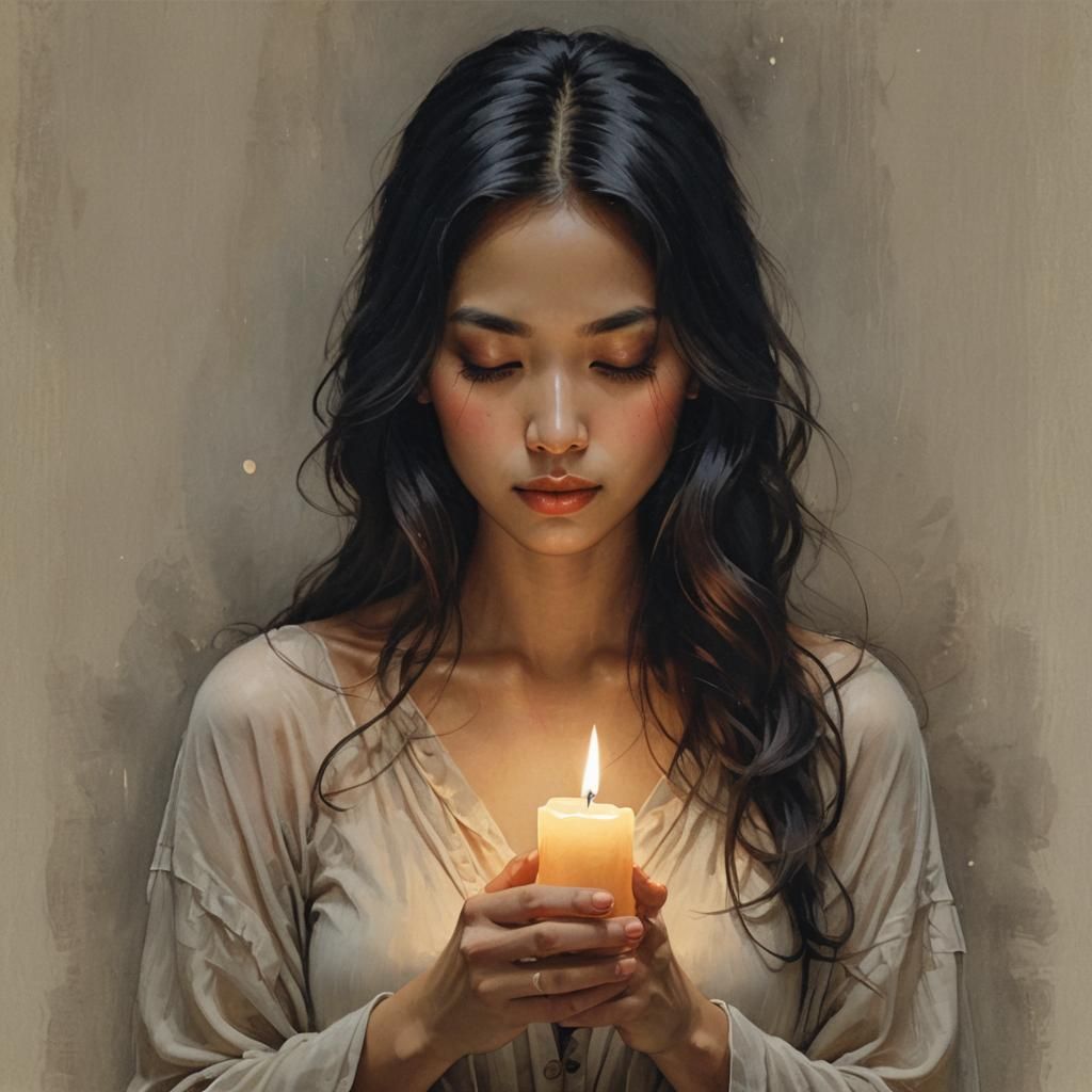 Create an image of a person with an obscured face, holding a candle close to their chest, which illuminates ...  by @AleXiaDesign 