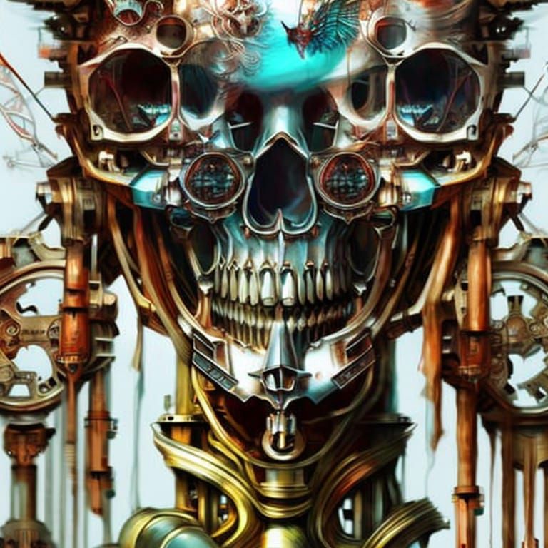 steampunk art, skull made of metal gears