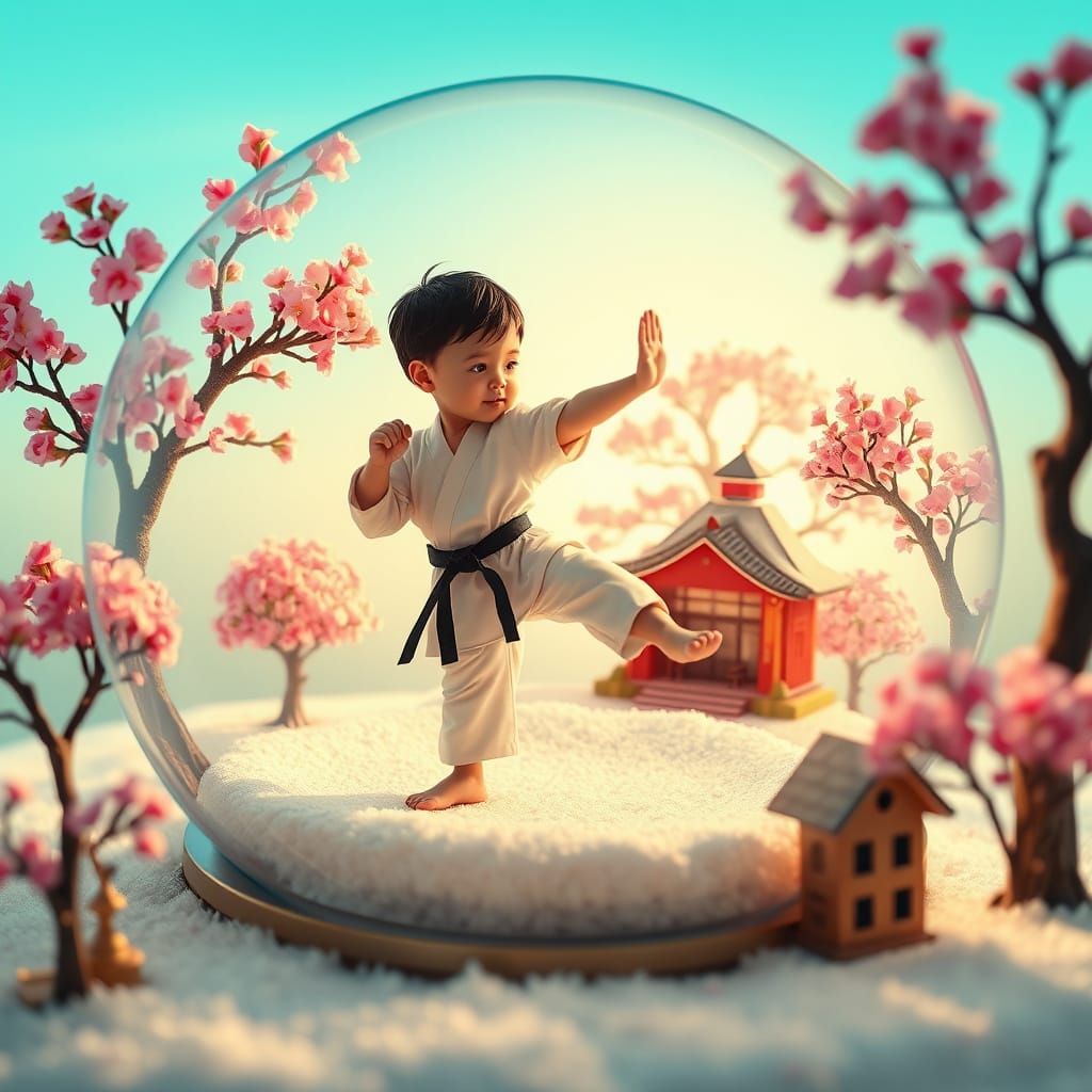 Karate Kid in Snowglobe with Vaporwave Hues