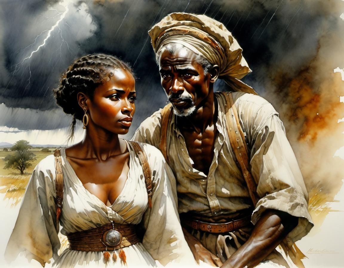 portrait African Peasant Thunderstorm classical exciting fine art watercolor , Norman Rockwell, Luis Royo