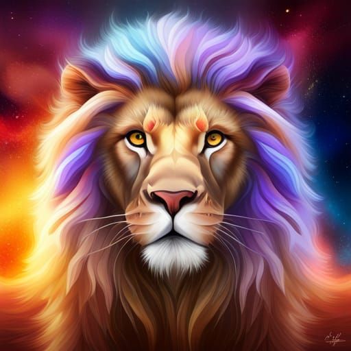 portrait of a lion with the universe at the backgound and amaziing ...