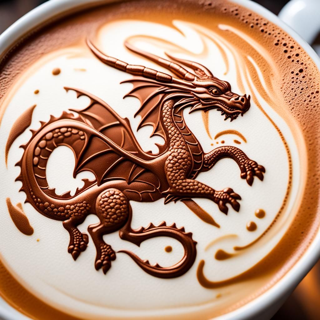 A tiny copper dragon, creating designs in the foam of a latte  by @TP or Twisted Papa or Twisted Pasta