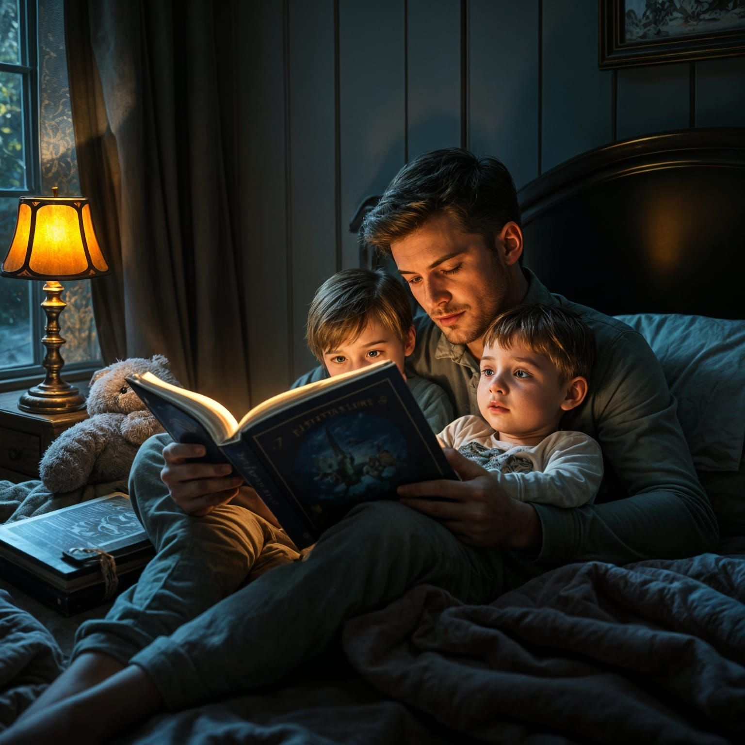 A dad is reading a bedtime story to his child, their faces illuminated by the warm glow of a nightlight. ...  by @I_AM