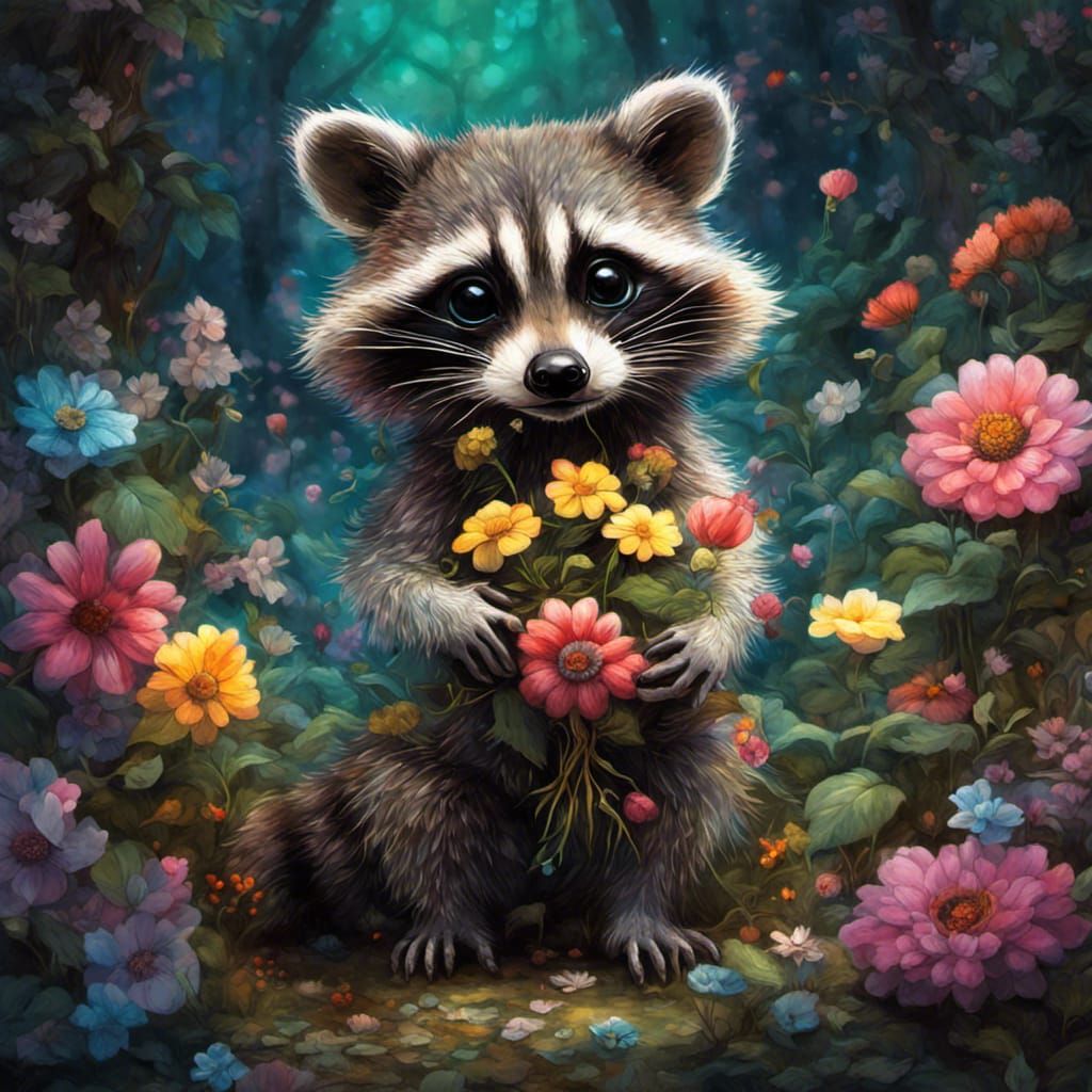 cute raccoon holding flowers   by @Nastyapple