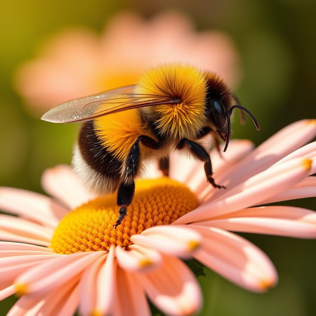 Macro view of a cute little bumble bee landing on a Gerber daisy in full bloom, on a hot summers day, ...  by @  debster