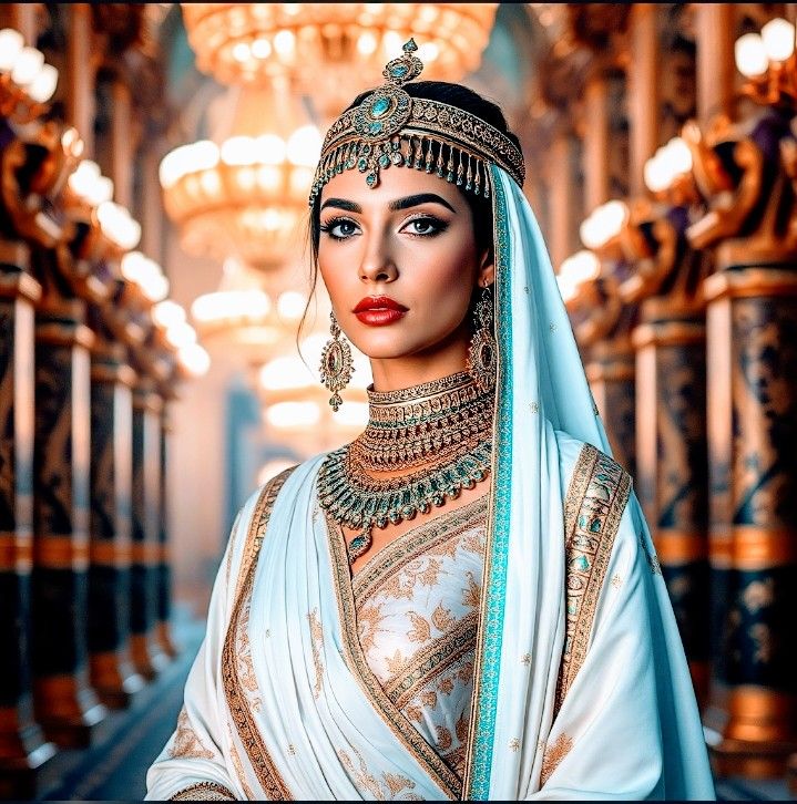 Elegant Egyptian woman adorned in traditional jewelry stands...