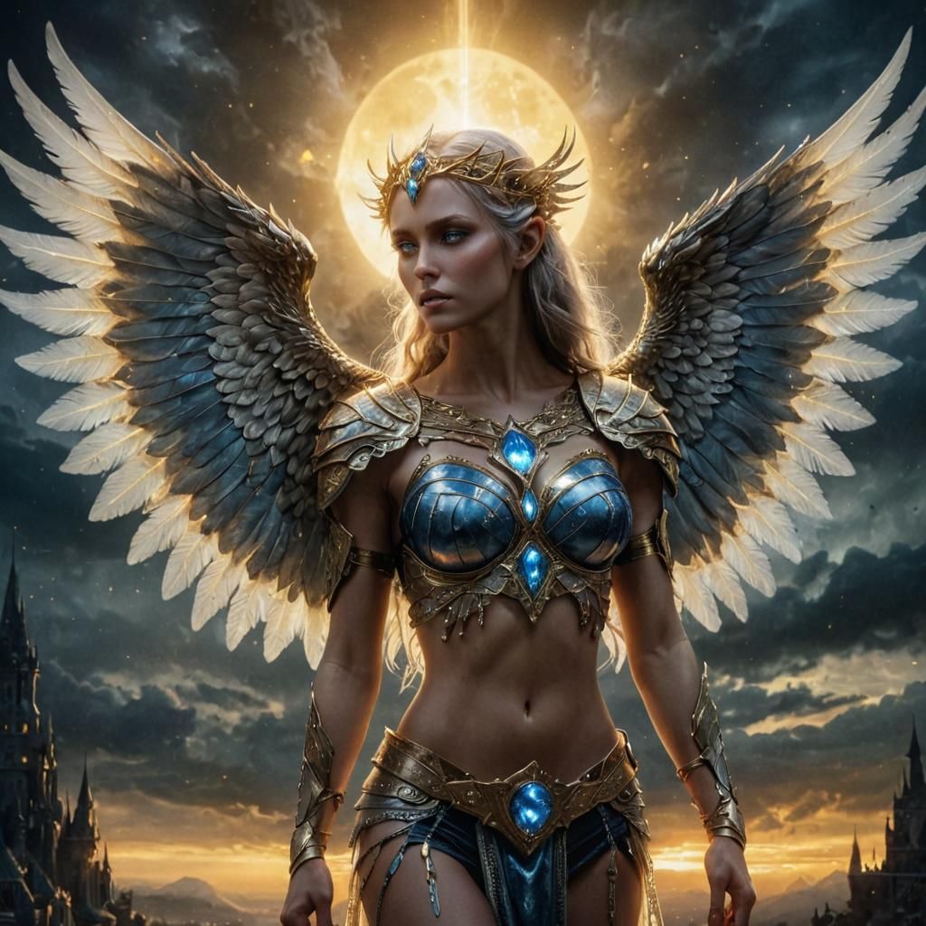 Dark fantasy concept art. Medium shot. An armored Darkness elf queen with large chest and gorgeous big blue eyes and with intricate gold tri...