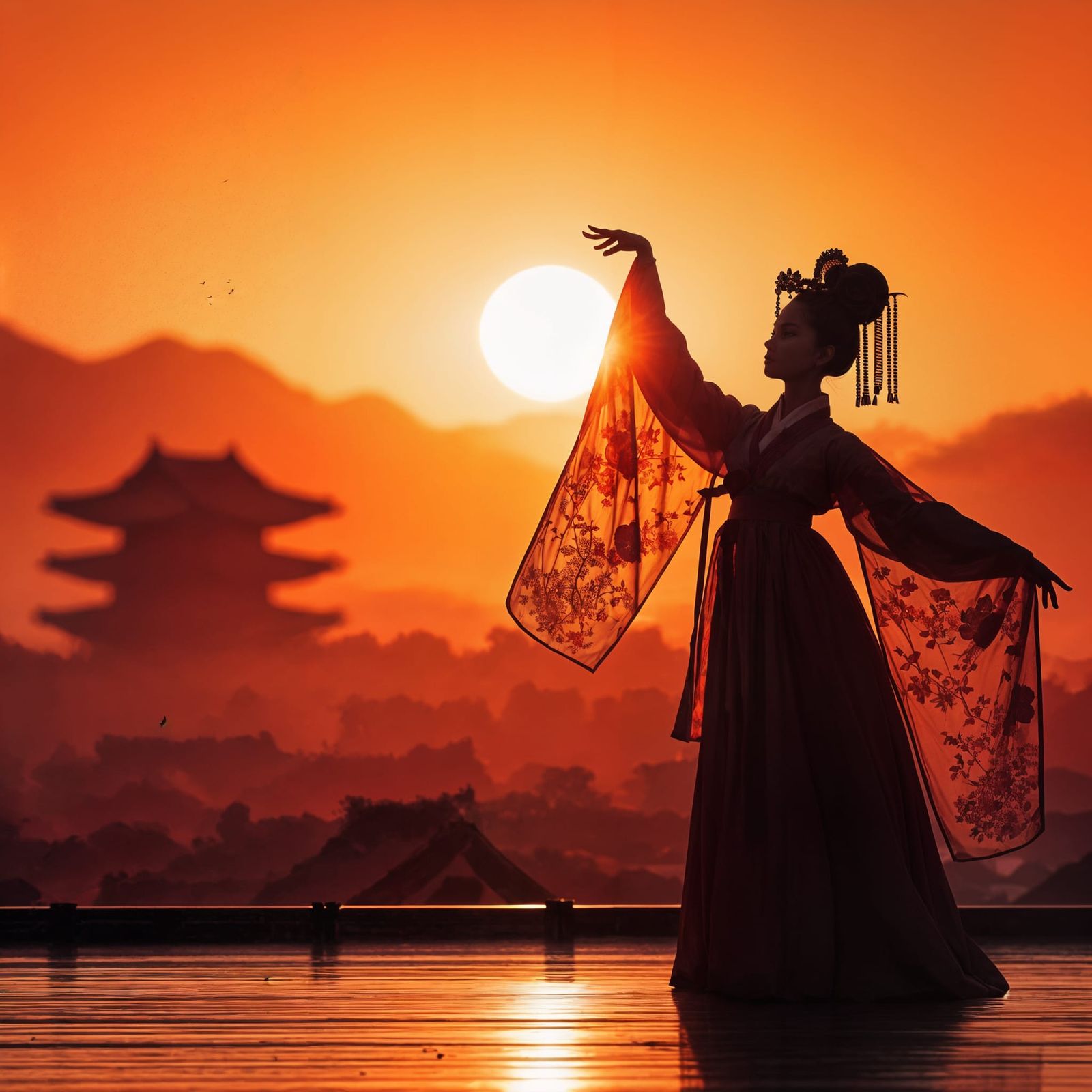 Silhouette of a Gisaeng dancing against a sunset background