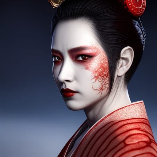 japanese female ghost geisha
 face with red stripes side pro...