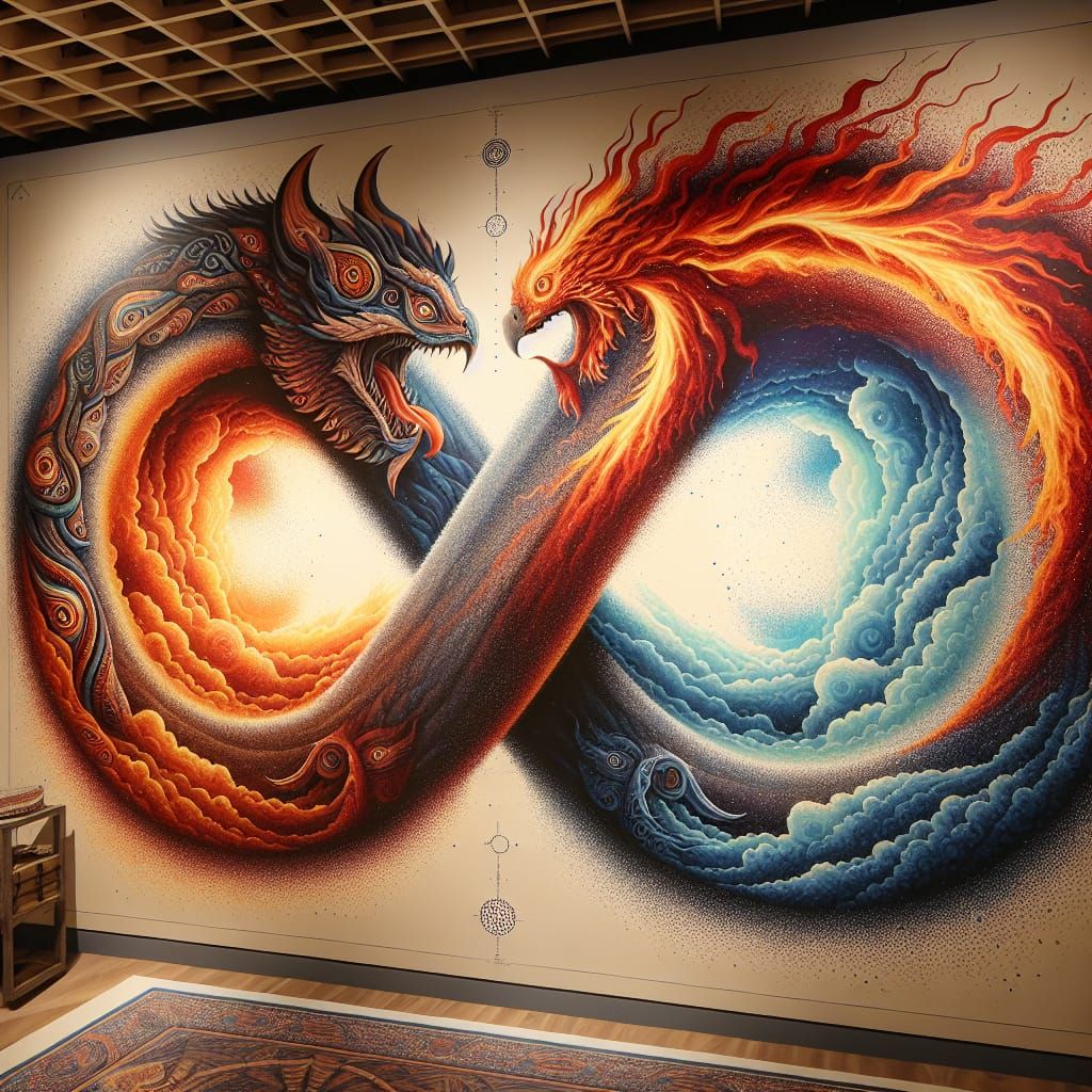 Dragon and Phoenix Infinity Symbol in Vibrant Tribal Art