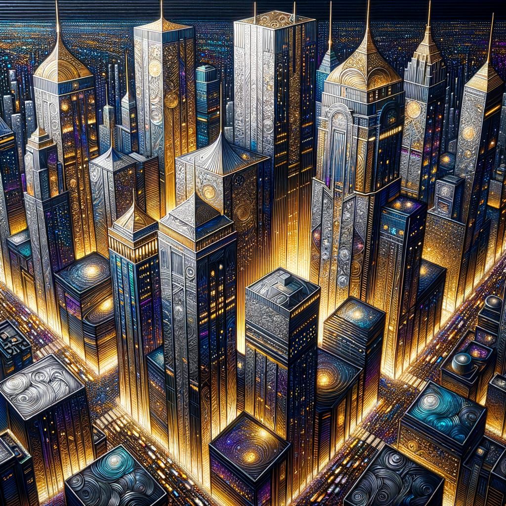 Night Metropolis in Gold and Silver Engraving