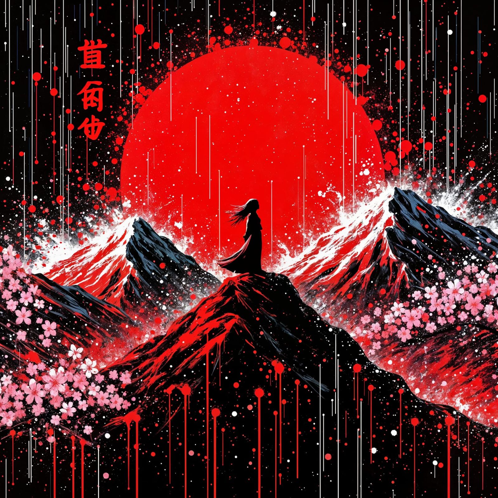 <lora:Splatter Art:1.0> Splattered impasto artwork of a rough outline silhouette of a person on a mountain peak, with subtle sakuras, mounta...