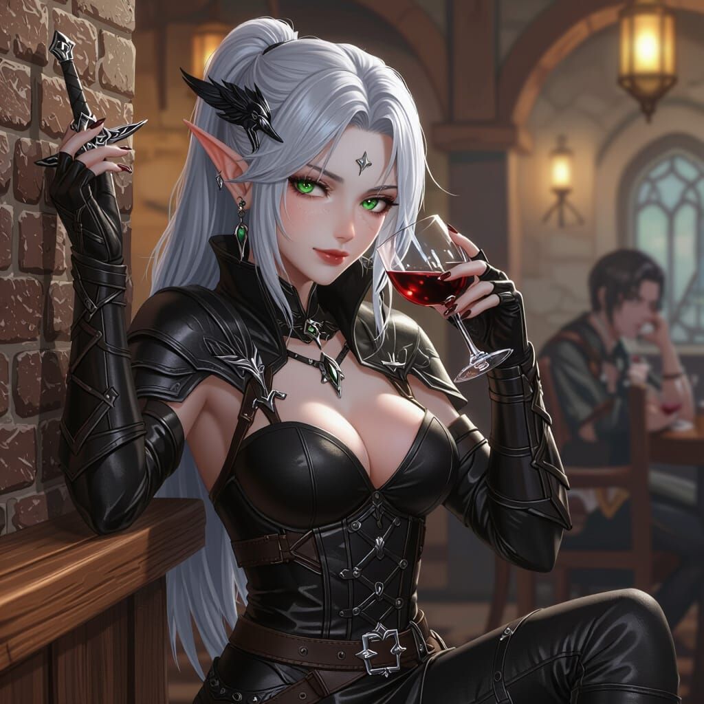 A female drow elf in black leather armor, leaning against the the wall inside of a tavern, one healed boot bracing herself against it. She i...