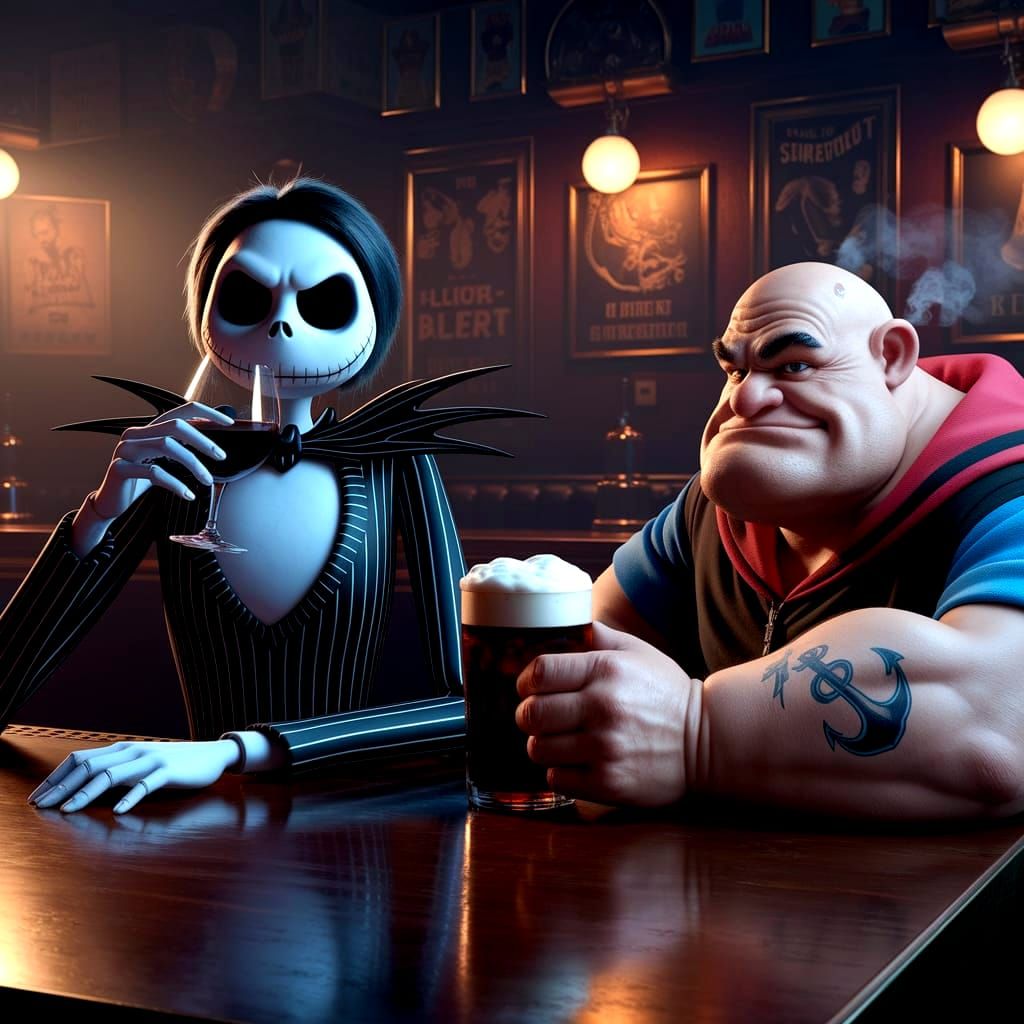 Jack Skellington and Popeye meet up for drinks...  by @Rethy