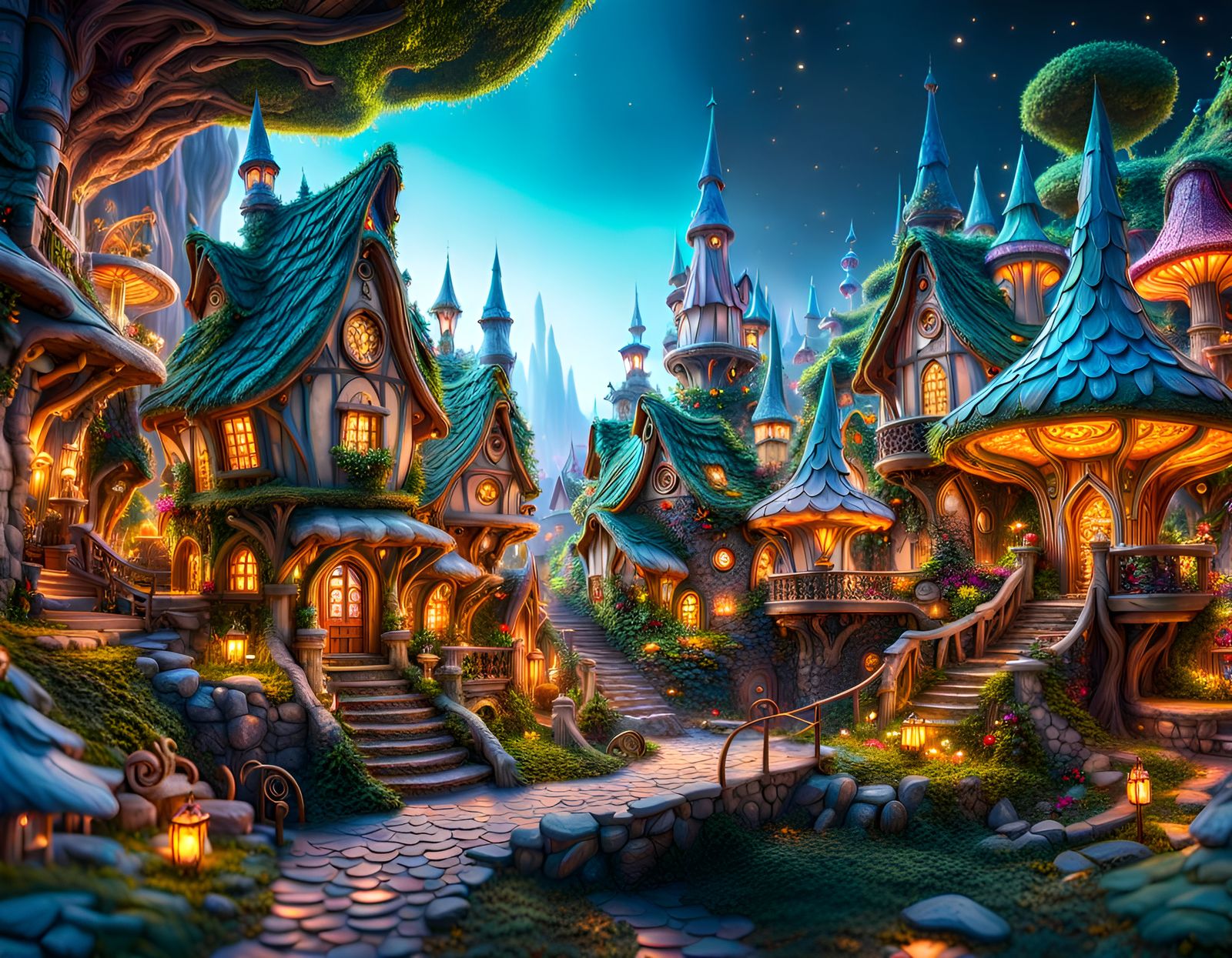 large fairy village at night with lights on insides houses in village!!   by @Timmy Contraros
