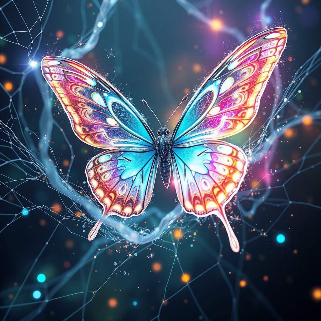 A majestic butterfly with delicate, translucent elegantly shaped wings and a slender body, shatters a mystical, ethereal net, its threads gl...