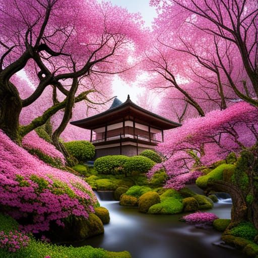 Japanese Garden Filled With Cherry Blossoms - AI Generated Artwork ...