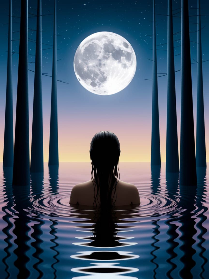 Figure Bathed in Moonlight by Calm Water and Trees