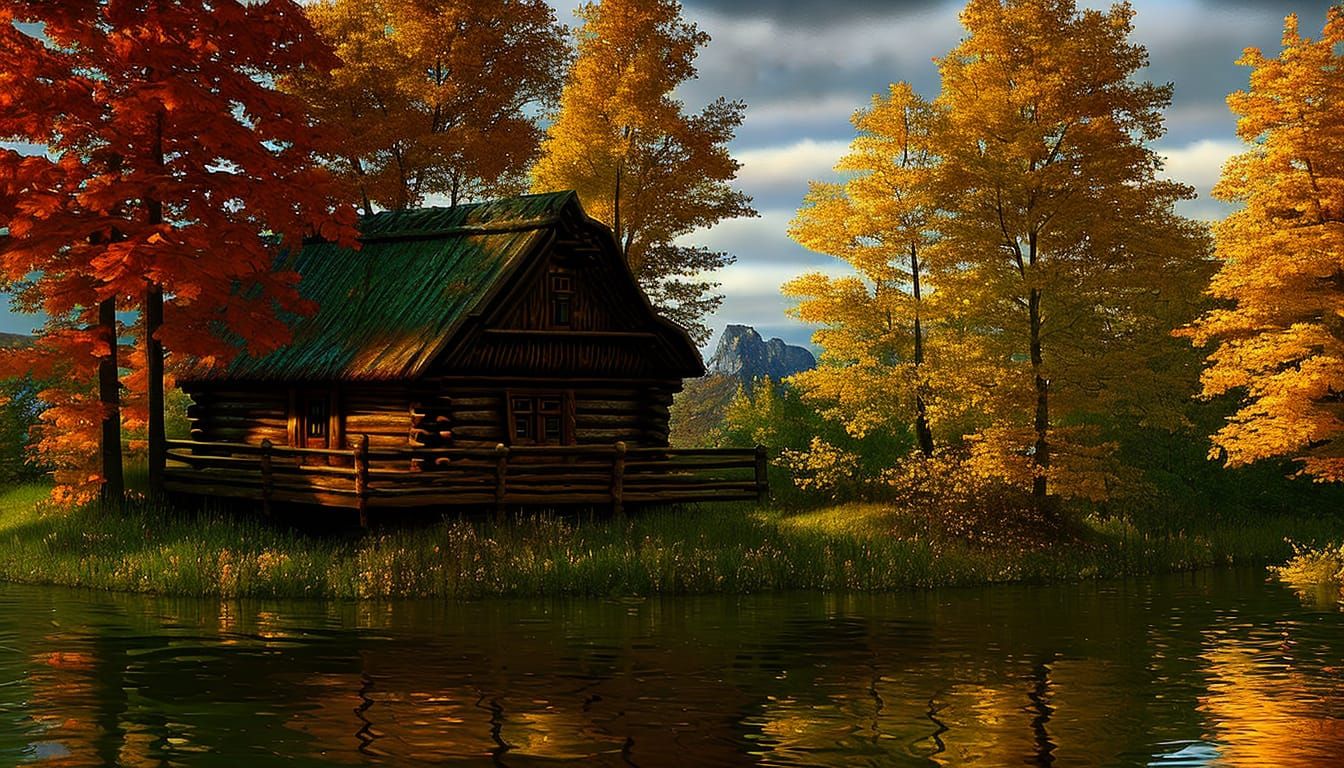 little log cabin by the lake in automn