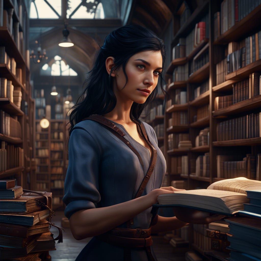 beautiful black haired girl working in a book store  by @Odycali