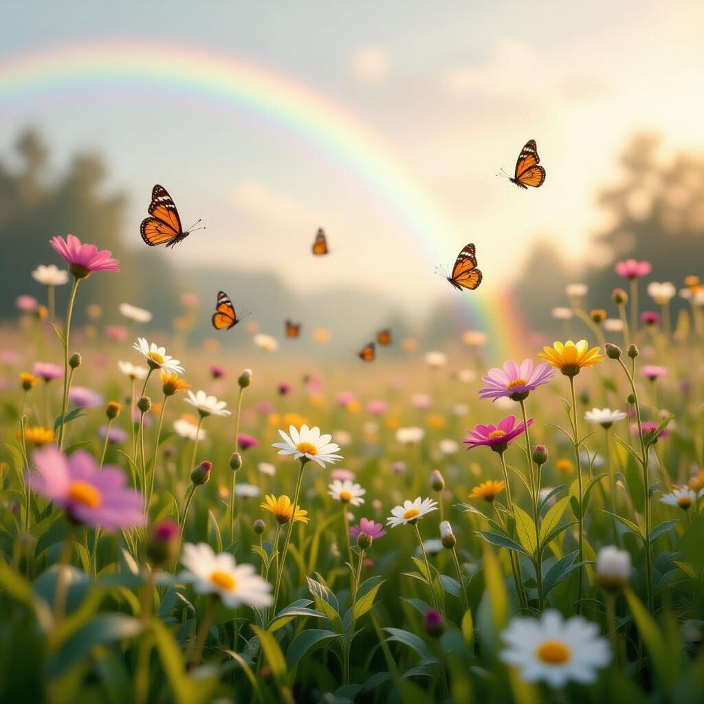 "Peaceful meadow with butterflies, rainbow in the sky, soft light, 8K"
