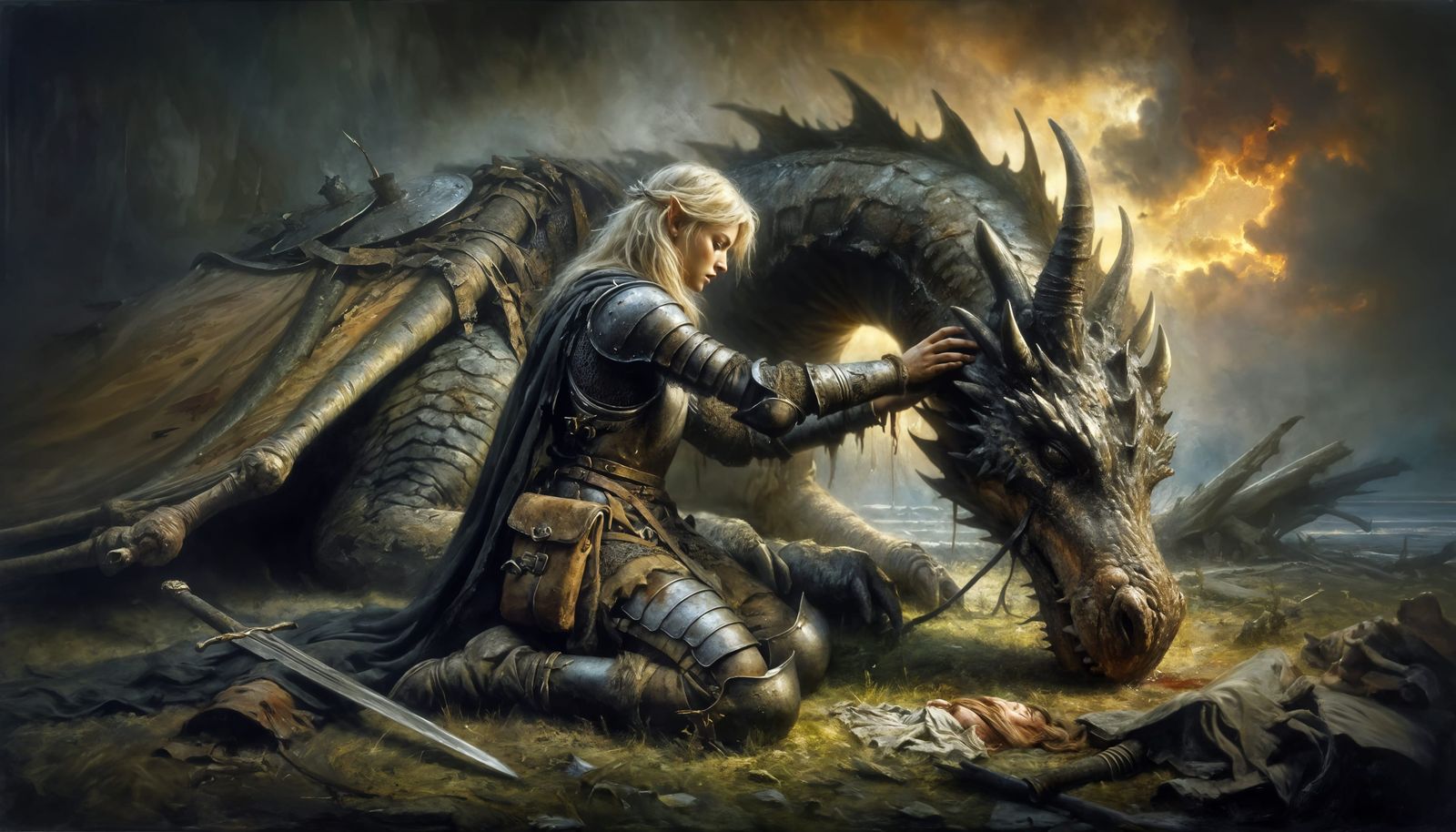 Compassionate Elf in Medieval Armor with Injured Dragon