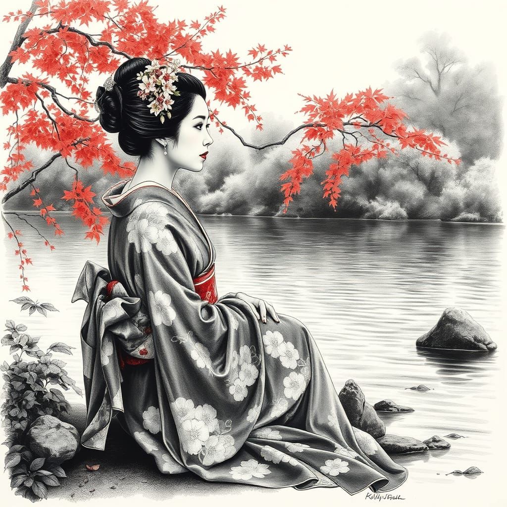 Serenely Contemplative Geisha by Tranquil Japanese Riverbank