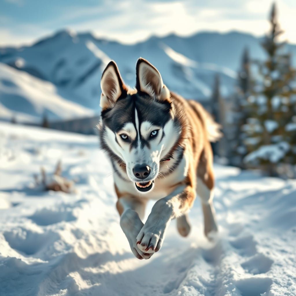 Majestic Husky Runs Through Winter Wonderland