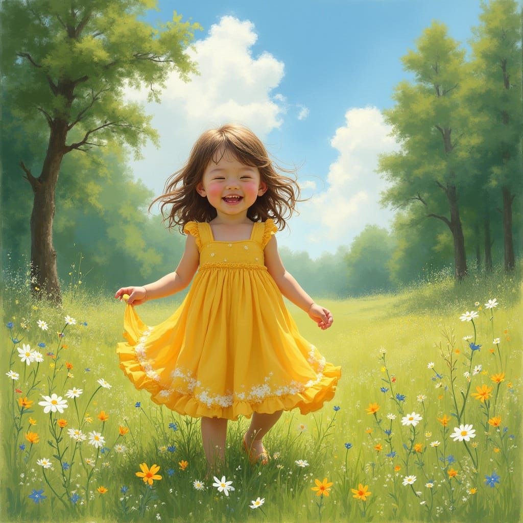 Young Girl Plays in Lush Green Meadow