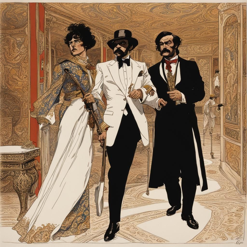 A scene from a Tarantino's movie drawn in Leon Bakst's style