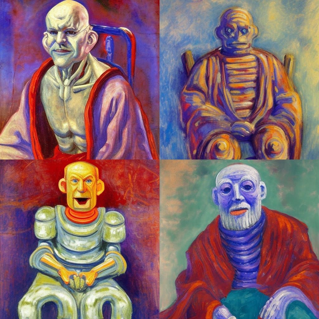 Ancient gaunt wrinkled bald man clean shaven red robot eyes ...