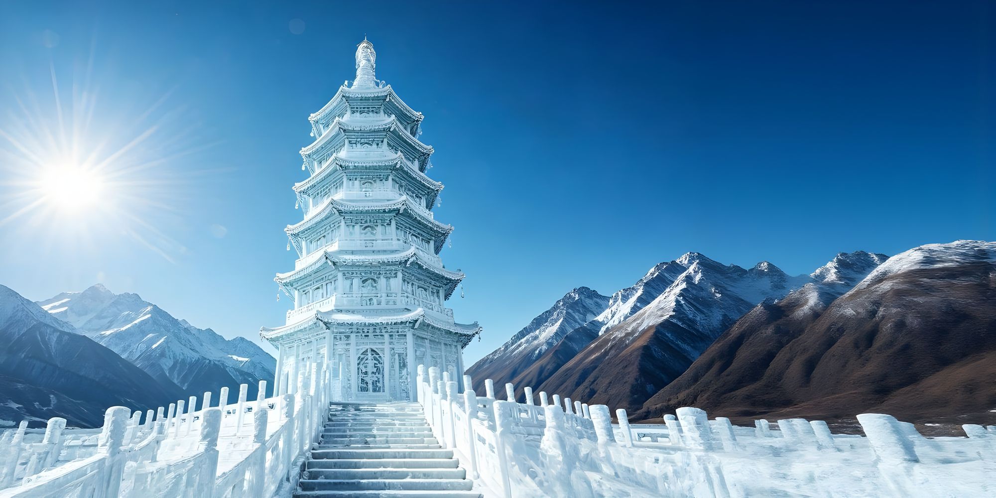 The most beautiful ice and diamonds and trandparent glass pagoda in the world. Offcentered. Snowy Hymalayan mountain background. Sunny day w...