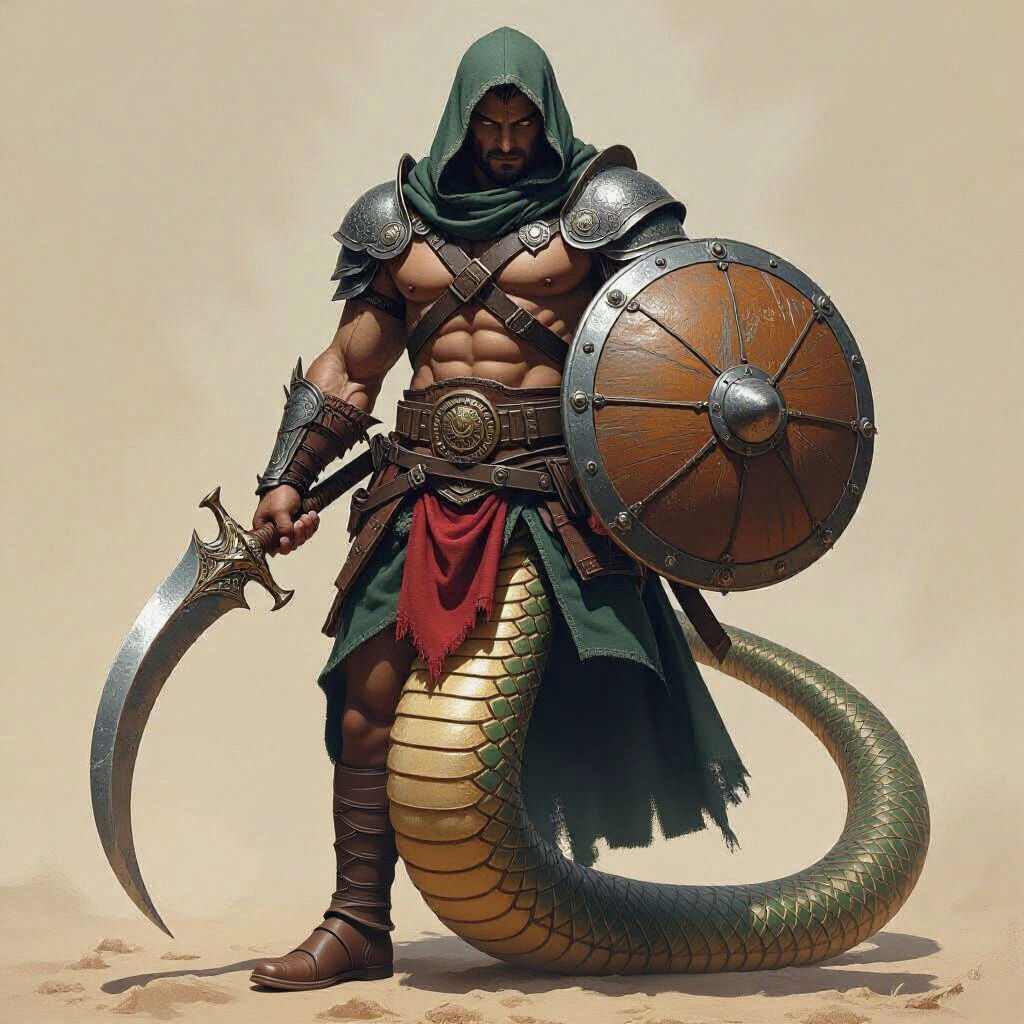An armored man with the lower body of a coiled rattlesnake with a shamshir in his right hand and a shield on his left arm.