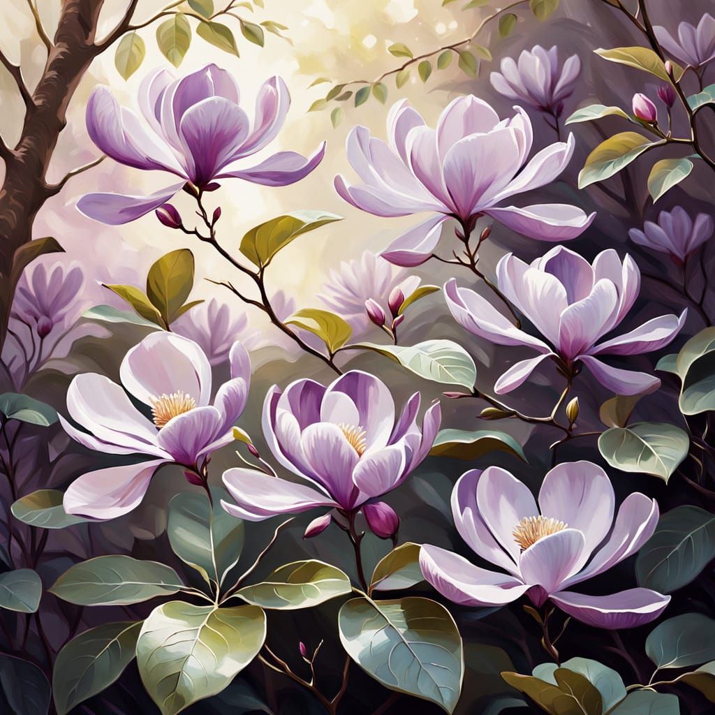 Blooming violet magnolia tree in the park, gouache  by @Thunder Cube