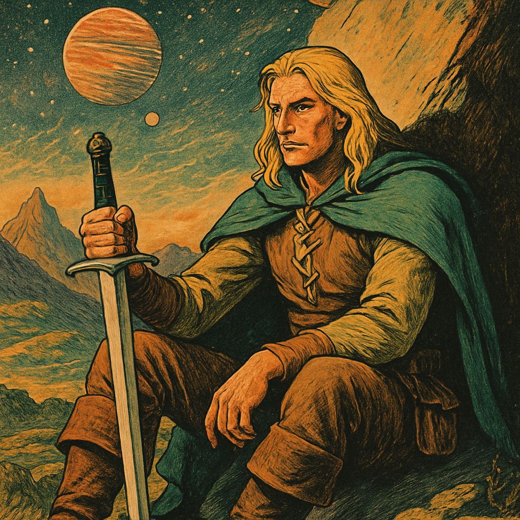 Middle Earth Adventurer in Vintage Sci-Fi Style
