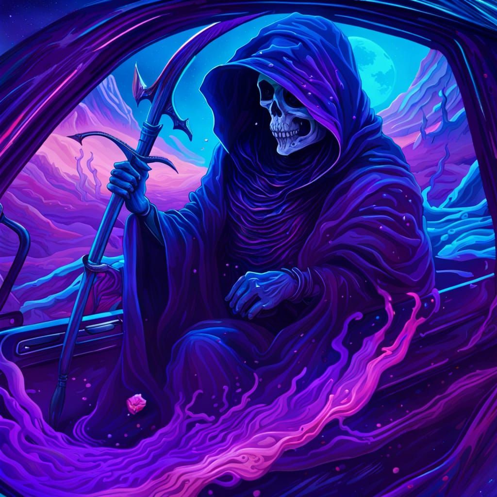 grim reaper levitating in a purple mist with a vibrant blue ...