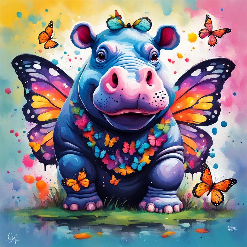 Hippo and butterflies. Whimsical. Colorful.