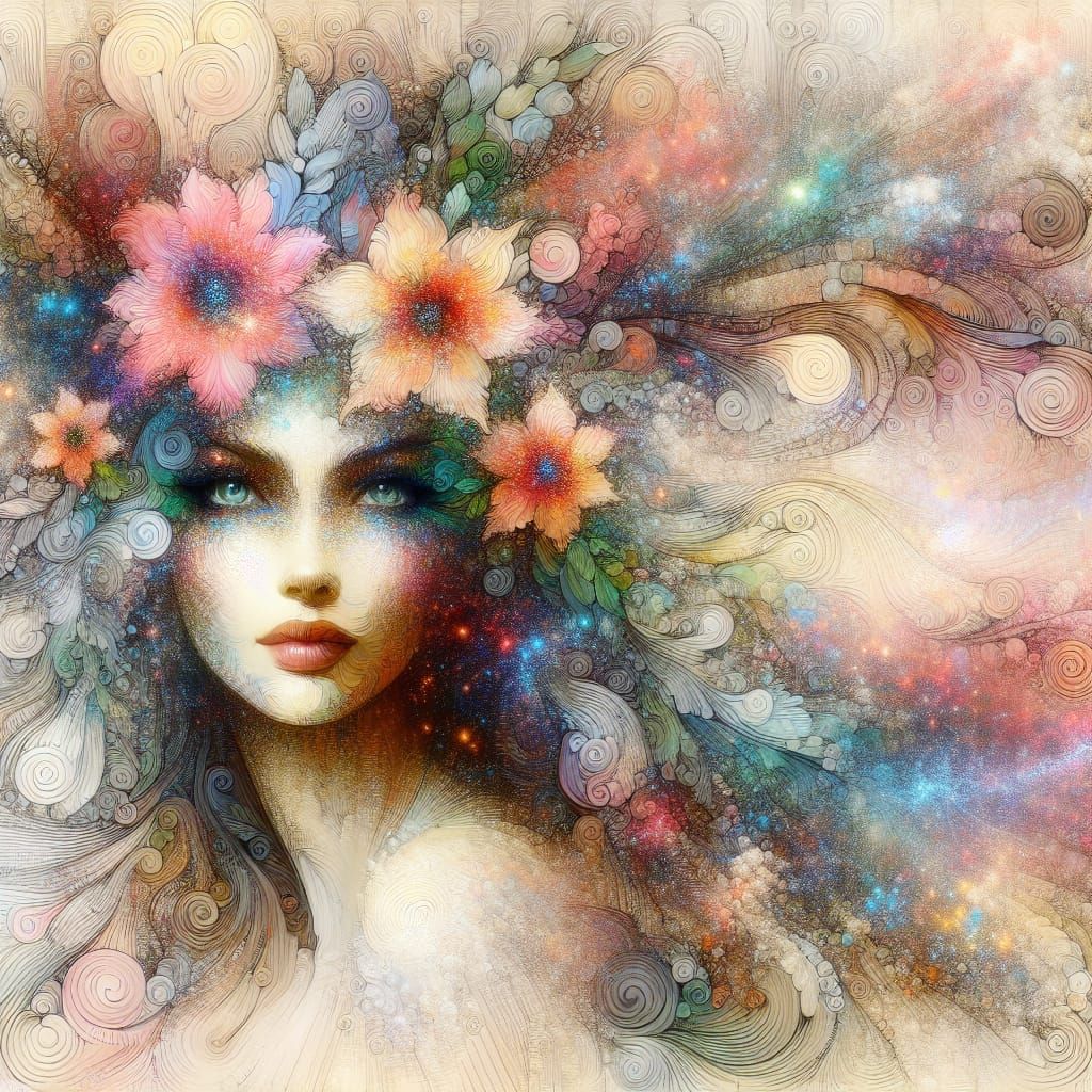 Flowers goddess of spring  beautiful  eyes open glittery sparkling dissolving motion blur grainy magic ...  by @Shelby