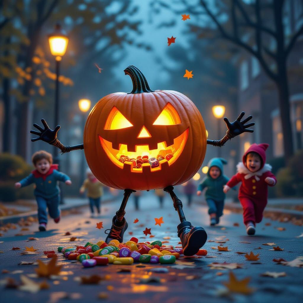 A scary Halloween pumpkin on stick legs and stick arms dropping candy from the open top on the ground while running away in horror from litt...