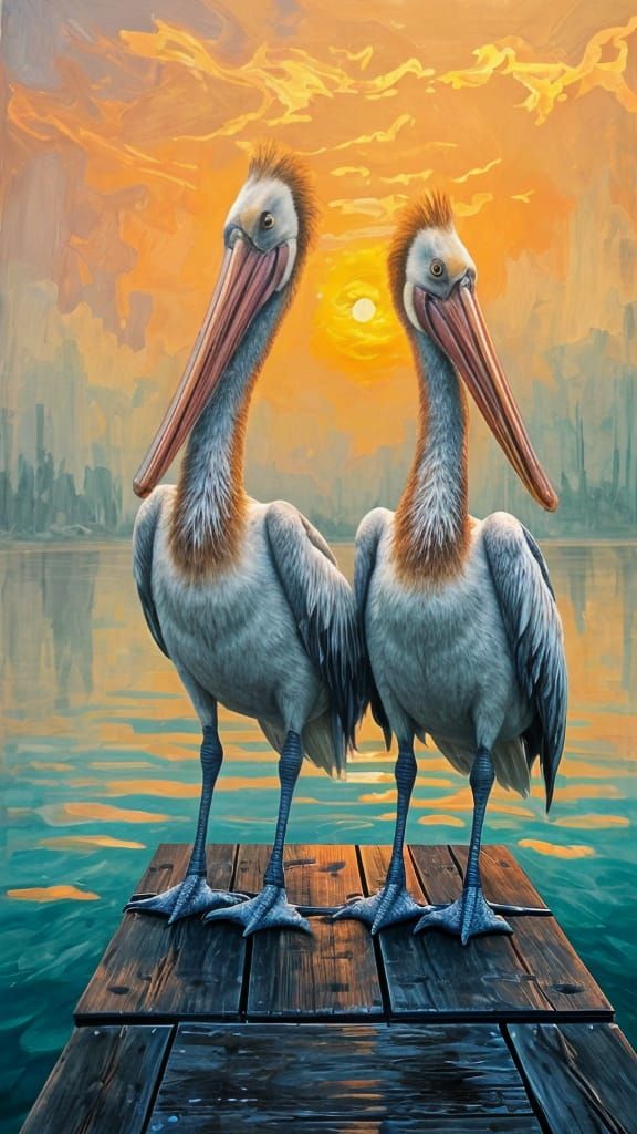Two pelicans standing on a dock  by @Chris Graham